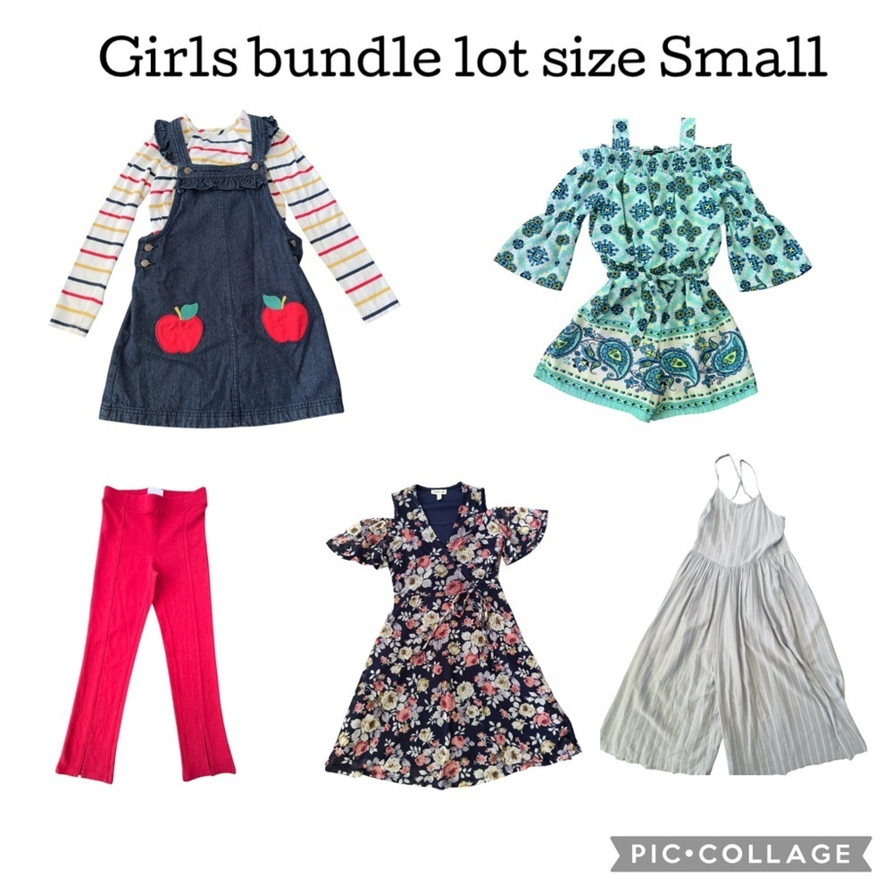 Girls 5 pieces bundle lot dress, romper, pants size small 7-8